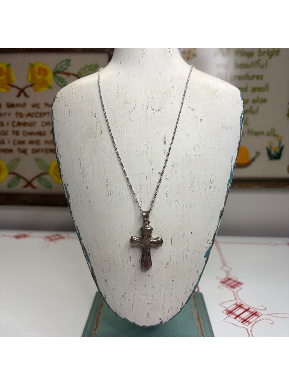 Sterling silver puffy cross necklace vintage